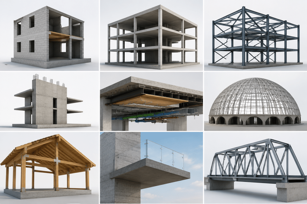 Structural systems used in building design, including load-bearing walls, frame structures, shear walls, trusses, and cantilever systems.