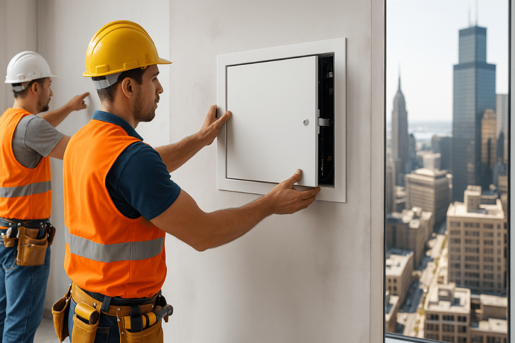 Construction Worker Installing a Fire Rated Access Door on a Wall.png