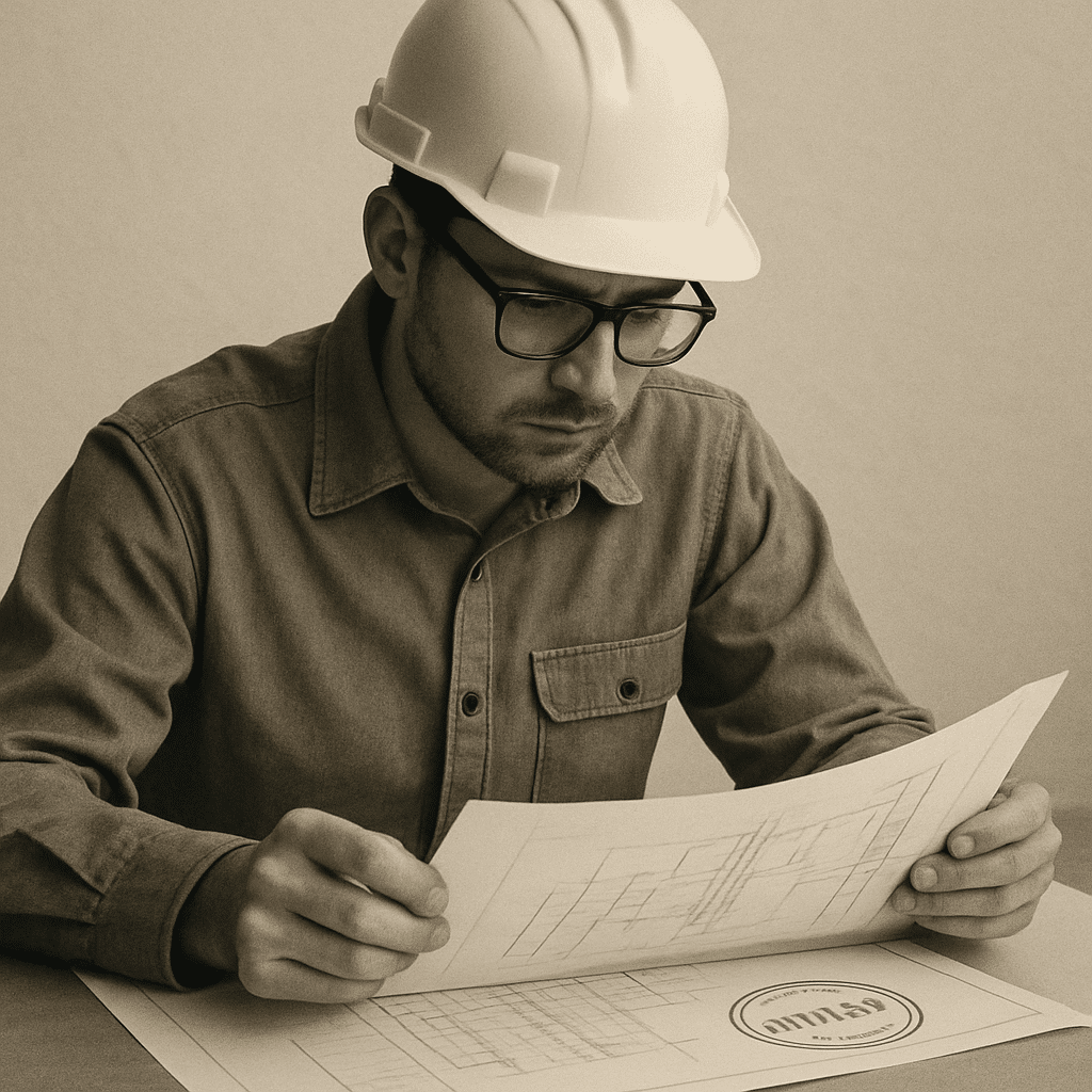 Image of an engineer examining a drawing with a stamp