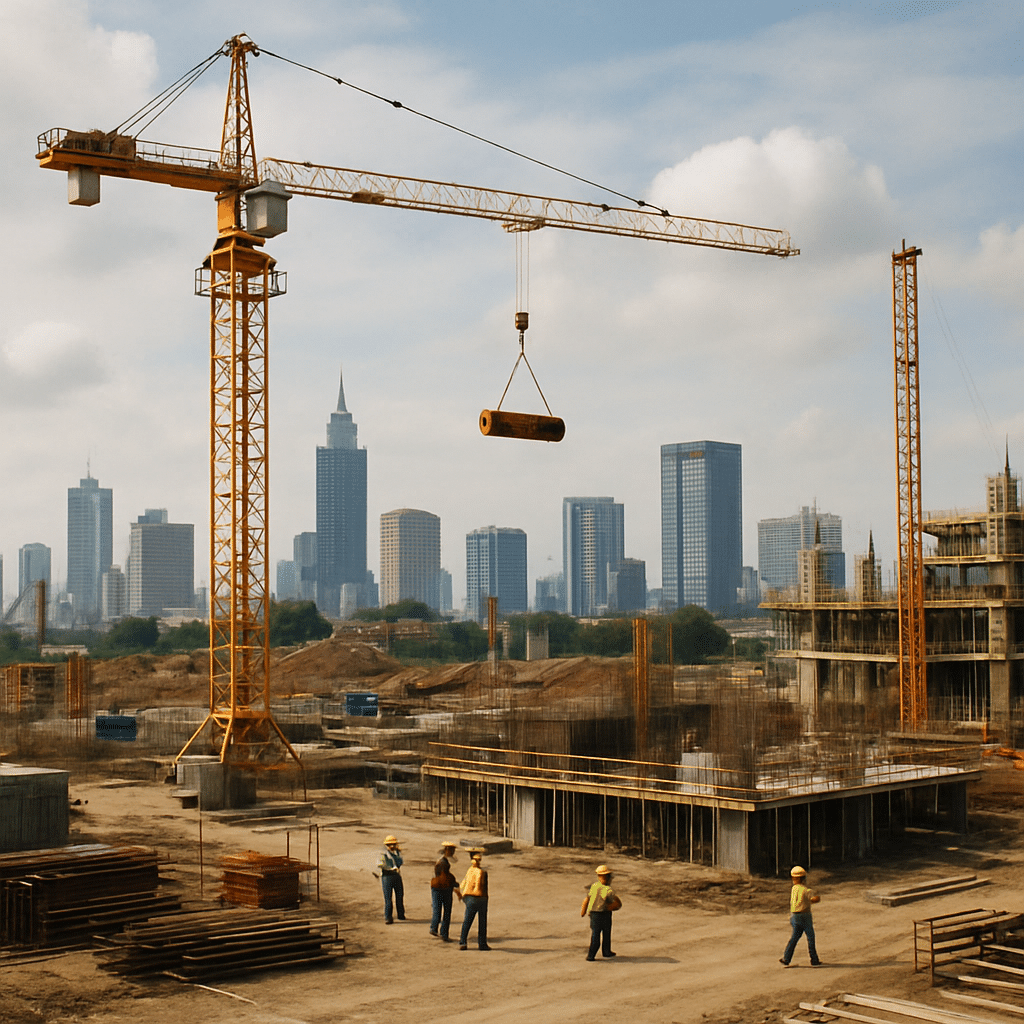 Construction site with varying cityscape backgrounds