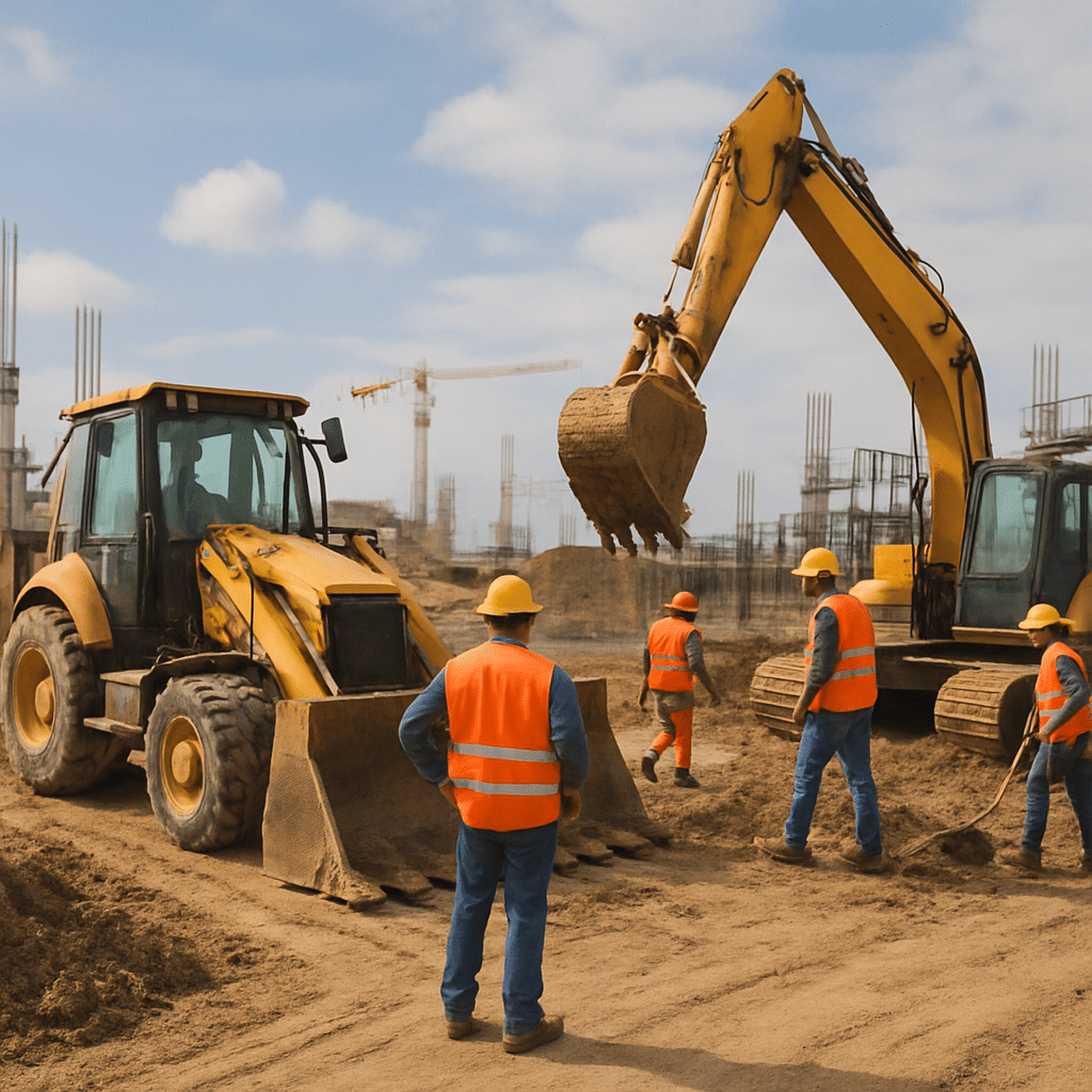 Construction site with heavy machinery and workers