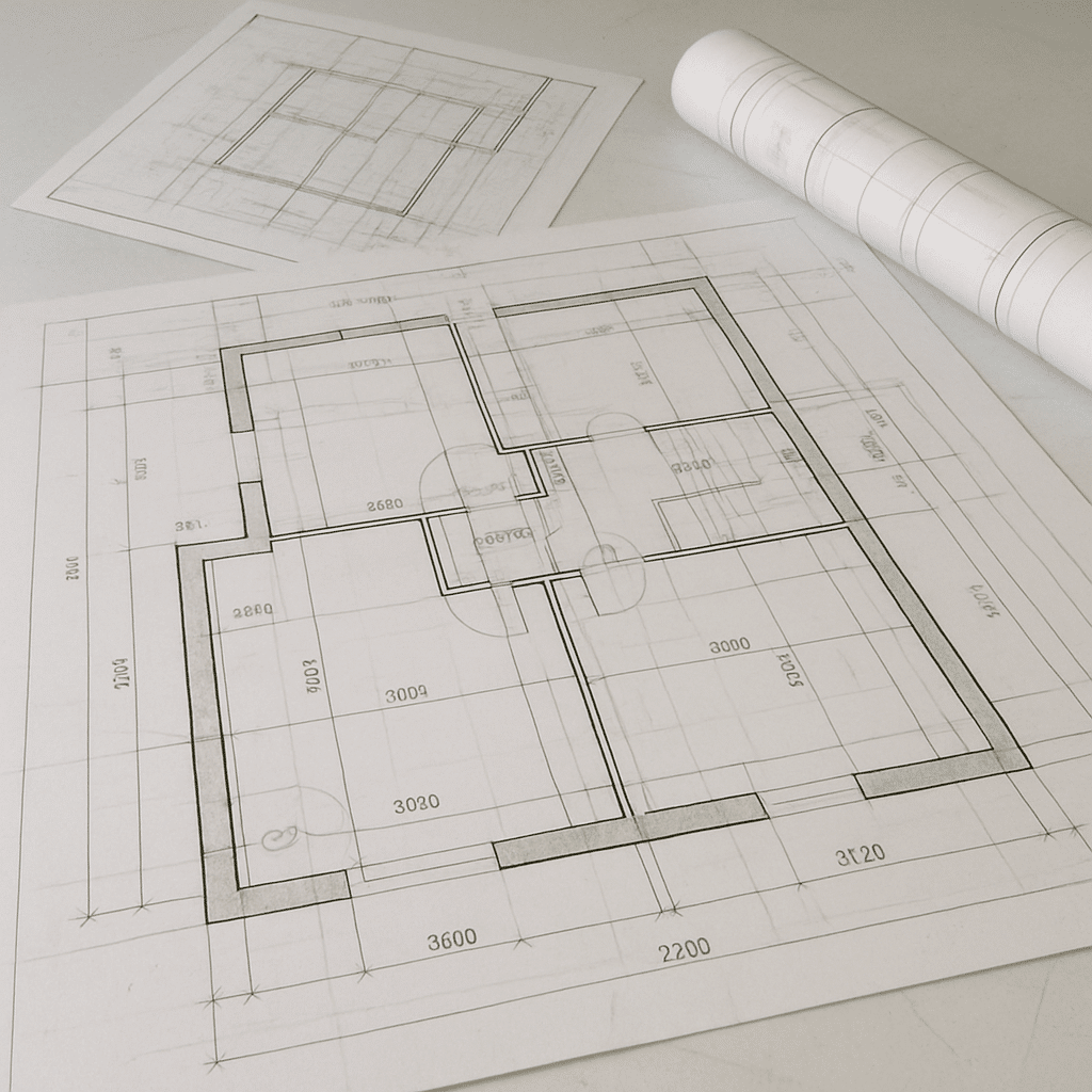 Floor plan drawing and rolled-up blueprint
