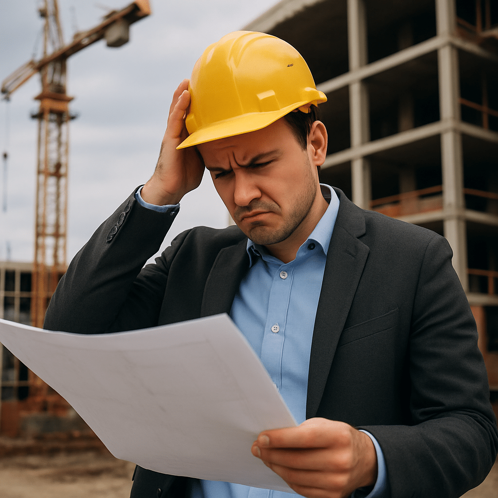 Frustrated construction manager looking at blueprints