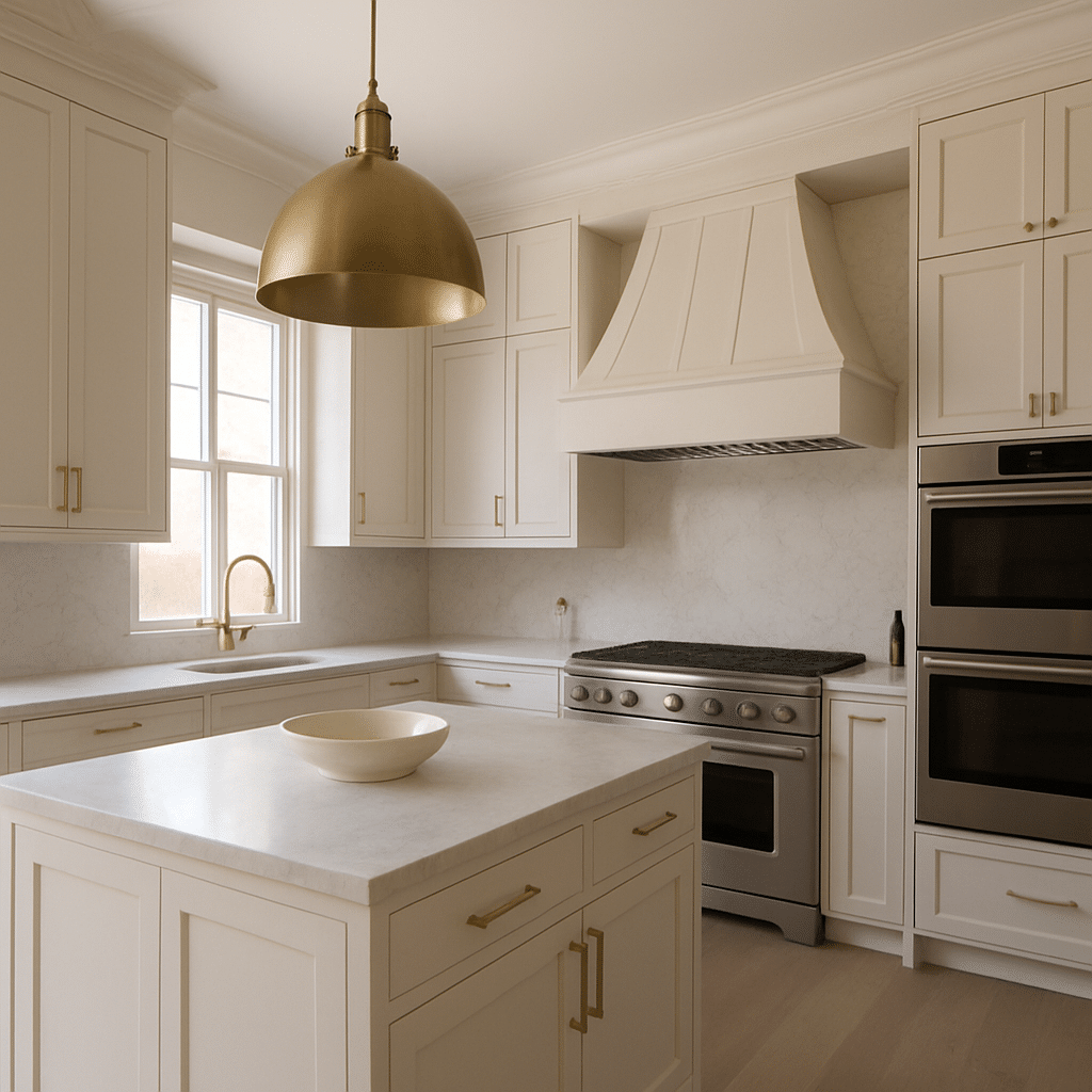 Modern white kitchen with island, custom cabinetry, and contemporary finishes