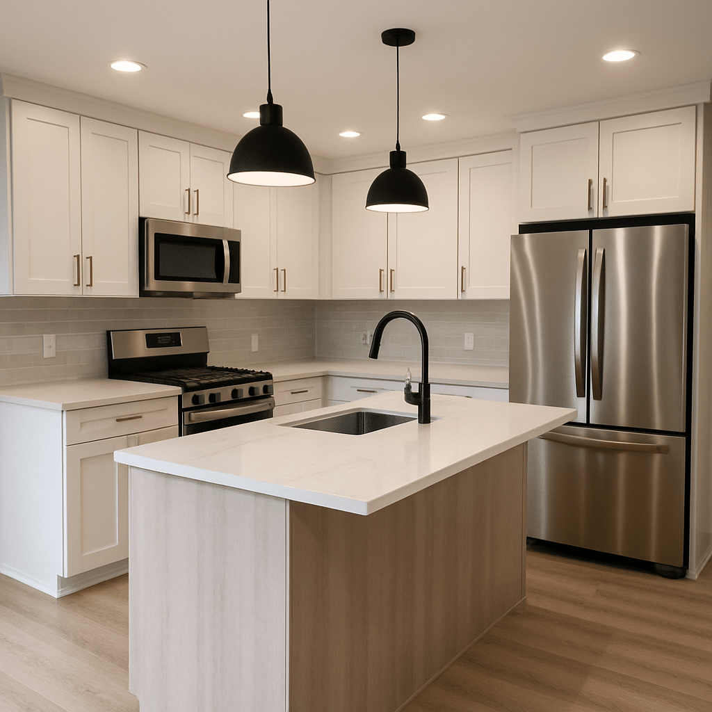 Modern kitchen remodel with white cabinets and island in Red Oak, Texas