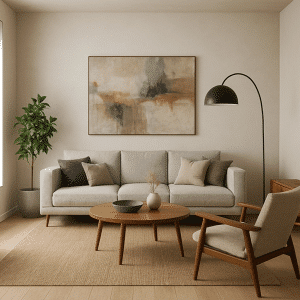Modern living room with neutral furnishings and contemporary interior design