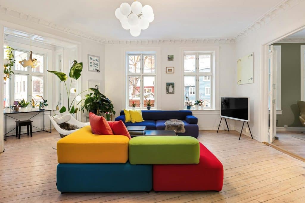 Colorful modern living room with contemporary interior design