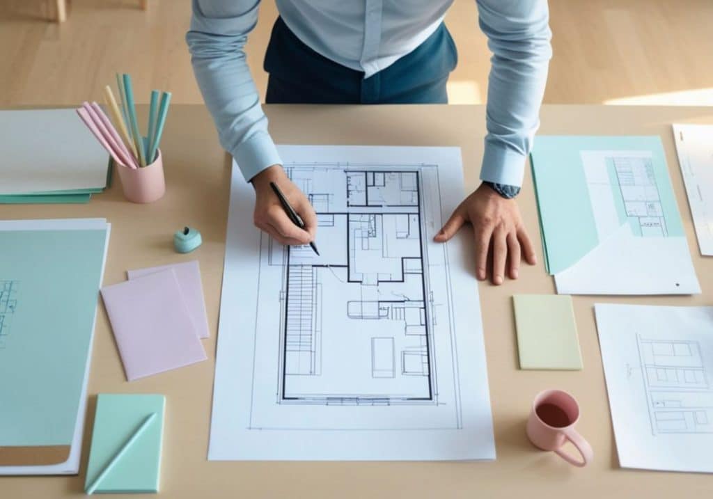 Interior designer reviewing floor plans and material samples for a residential project