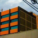 A profile-view of a modular construction building