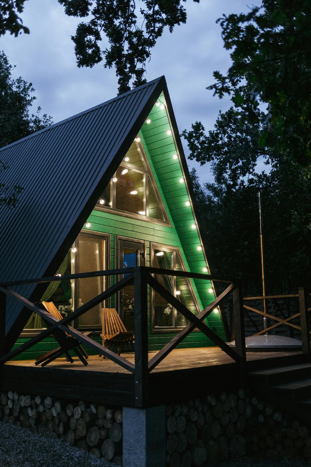 Cozy green A-frame cabin