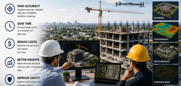 Architects and engineers using drone data to analyze a construction site
