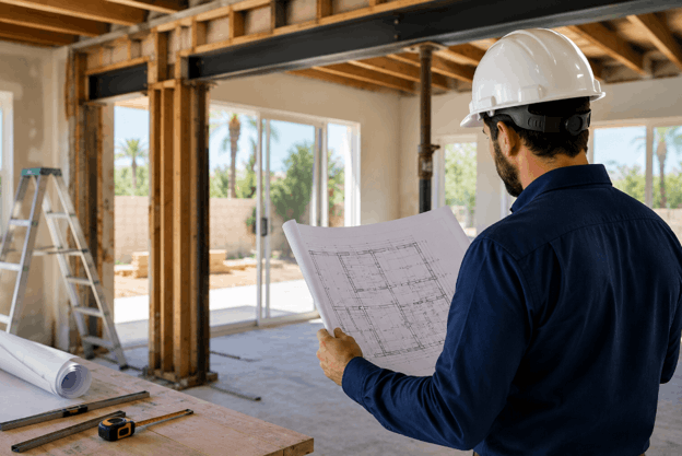 Architect reviewing residential blueprints inside a home under construction